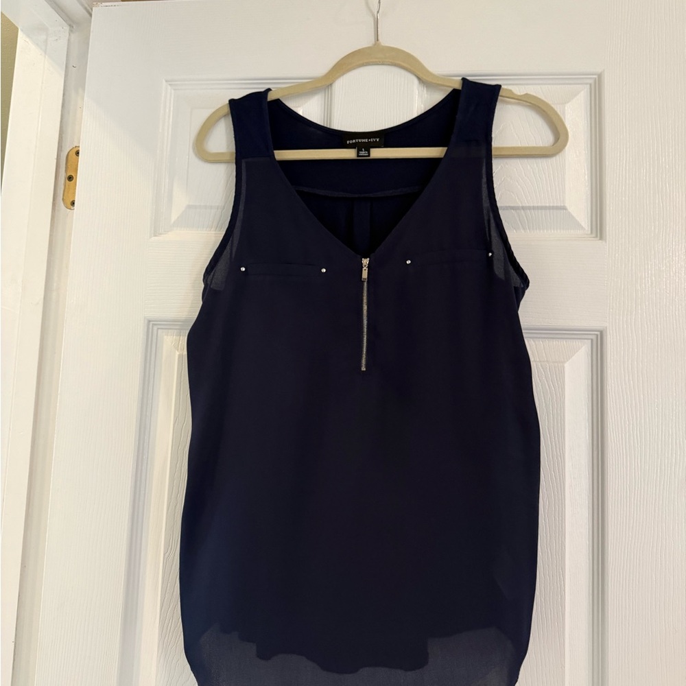 Blue Sleeveless Tank Top with Zipper Detail